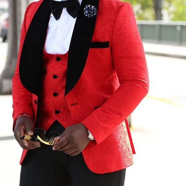 New Style Groomsmen Tuxedo Set with Shawl Lapel in Red/White/Black