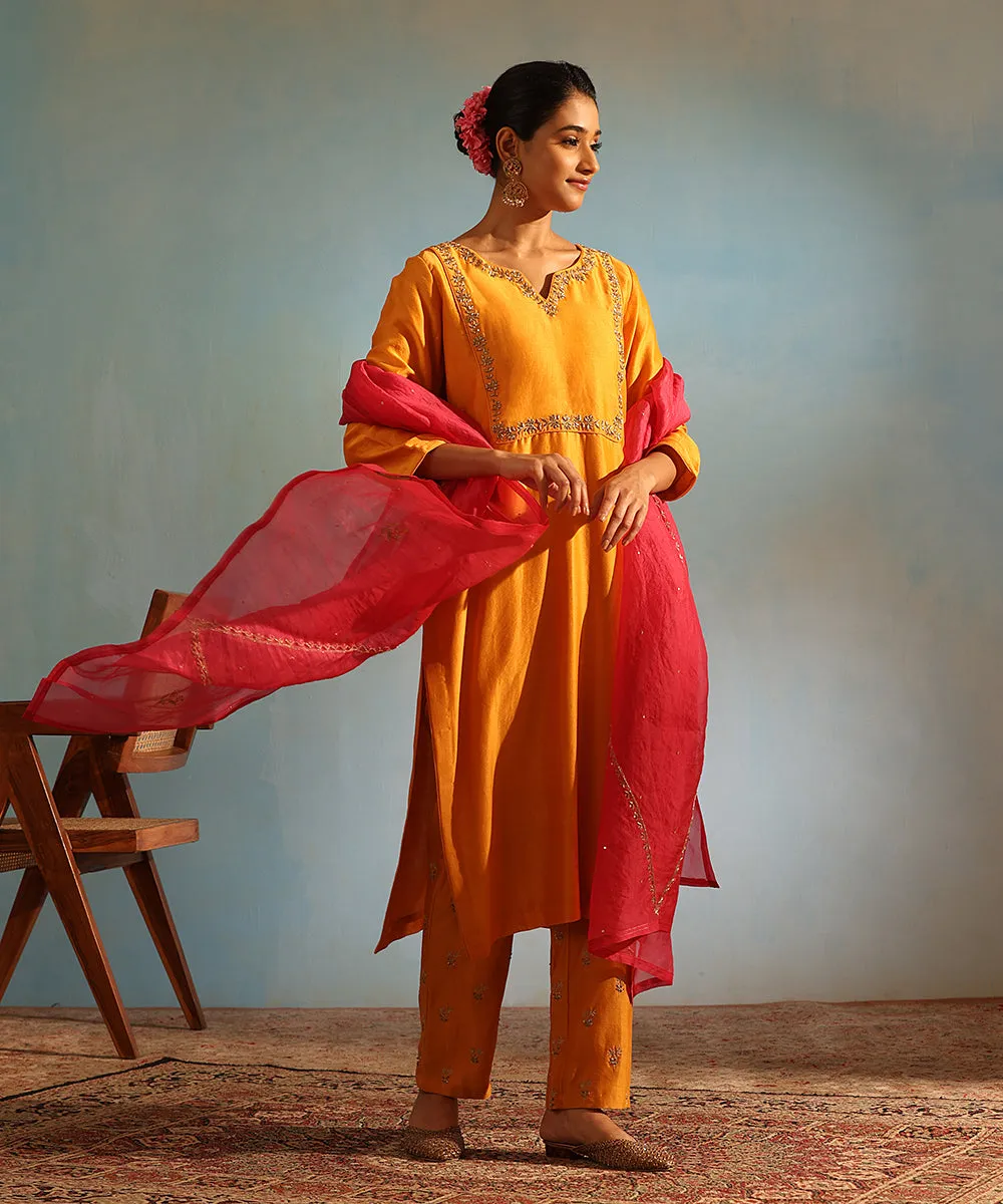 Yellow Handloom Chanderi Silk Kurta Set with Pants And Embroidered Dupatta