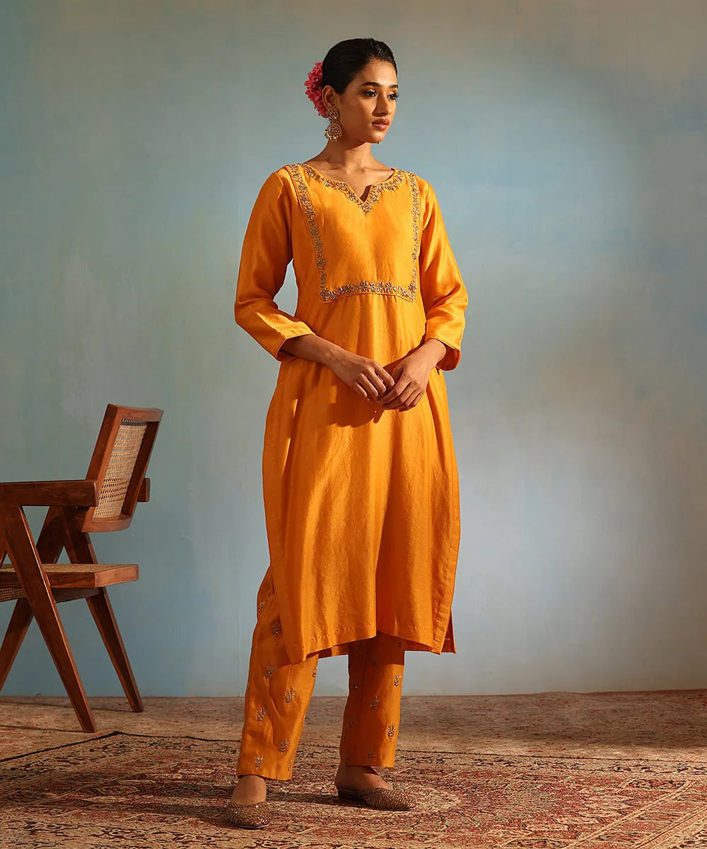 Yellow Handloom Chanderi Silk Kurta Set with Pants And Embroidered Dupatta